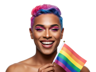 A person with vibrant pink and blue hair smiles brightly while holding a rainbow flag on a transparent background.