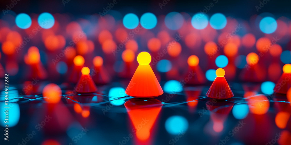 Poster abstract image of glowing red and orange cones on a dark reflective surface, surrounded by blurred l