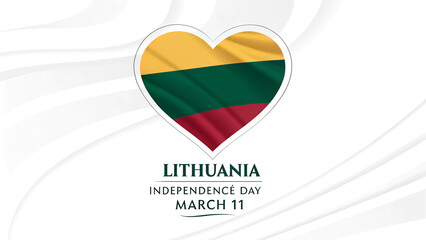 A heartfelt Lithuanian Independence Day tribute, celebrating freedom and national pride with a flag-shaped heart on a gently flowing white background.