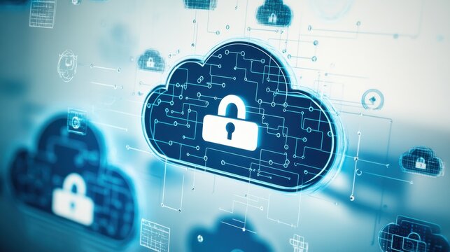 A cybersecurity analyst monitoring cloud security, office with cloud infrastructure diagrams and security alerts visible, High-tech style