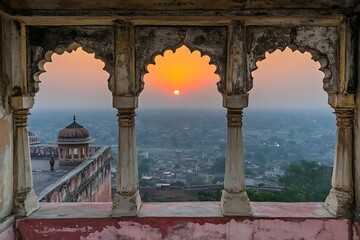 Fototapeta premium Indian fort sunset view from balcony