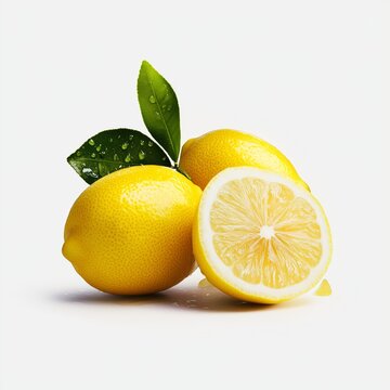 Fresh lemons with green leaves on a white background. a fresh lemon with one slice cut, vibrant yellow citrus fruit, photorealistic texture, isolated on white background