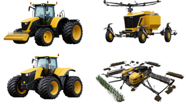 Modern Agricultural Machinery: A comprehensive array of agricultural equipment showcasing a range of powerful tractors and innovative farming technology.
