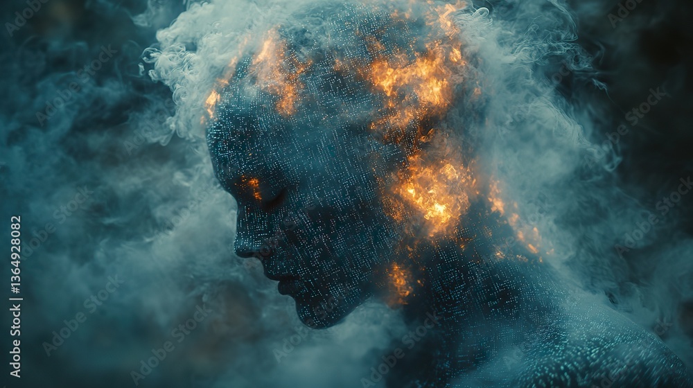 Wall mural a programmer's head explodes into digital fragments, representing burnout and stress.