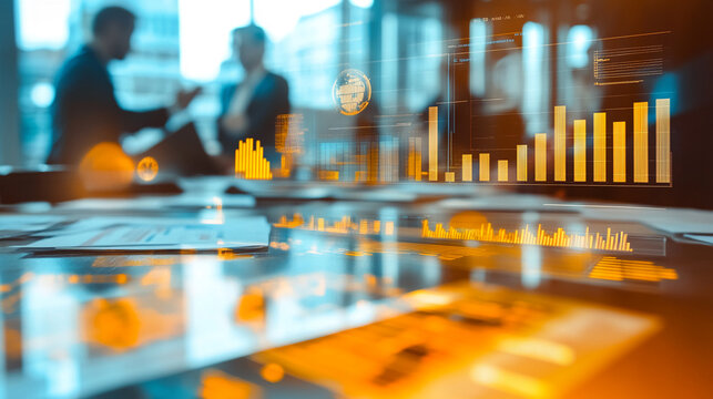 Blurred image of businesspeople meeting, overlaid with glowing graphs and charts, symbolizing data analysis, market trends, and financial success