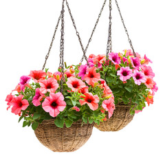 Hanging Petunia Baskets: Pink & Orange on white background