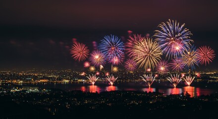 Spectacular Fireworks Display Over Cityscape at Night Vibrant Colors