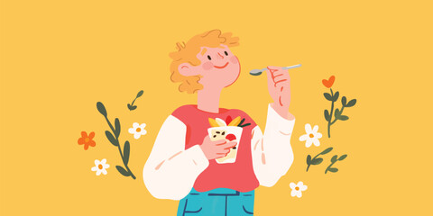 A cheerful individual savors a refreshing cup of yogurt, adorned with vibrant fruit, in a delightful cartoon style. The scene is bathed in a sunny yellow backdrop.