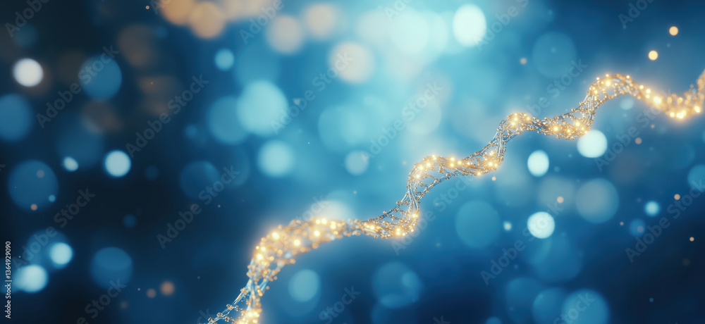 Poster glowing dna helix with bokeh background, abstract representation of genetic science and technology, 