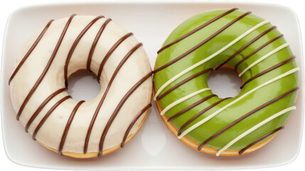 Delicious Matcha and Chocolate Striped Donuts on White Plate
