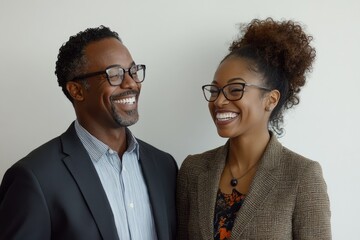 A happy African-American couple, both wearing glasses, smiling and looking at each other.