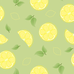 Seamless pattern with hand drawn lemon slice on green background. Fresh organic fruit, healthy, vegan, raw food.