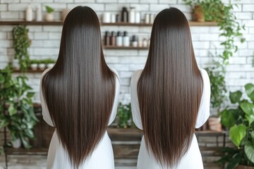 Fototapeta premium Long-haired woman, back view, showcasing the outcome of a keratin treatment, comparing before and after salon care