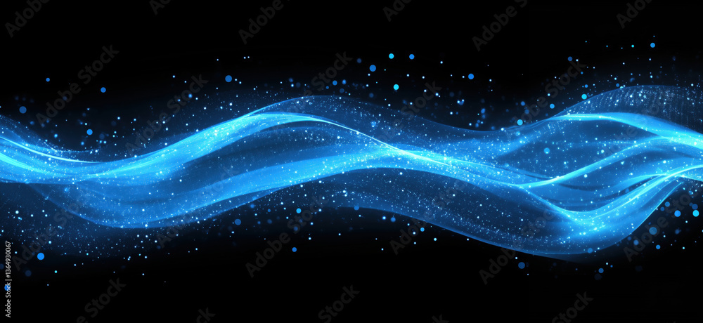 Poster blue glowing wave abstract background with sparkling particles and smooth flowing lines, ideal for t