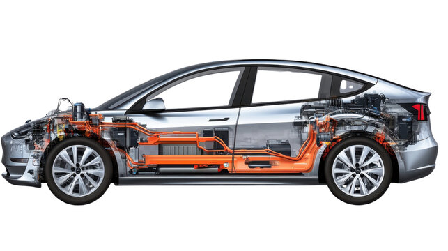 Electric Vehicle Cutaway: A detailed cross-section reveals the intricate inner workings of an electric vehicle, highlighting its innovative technology and sustainable design.