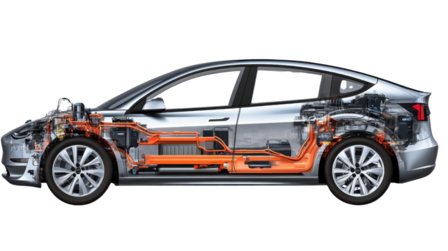 Electric Vehicle Cutaway: A detailed cross-section reveals the intricate inner workings of an electric vehicle, highlighting its innovative technology and sustainable design.
