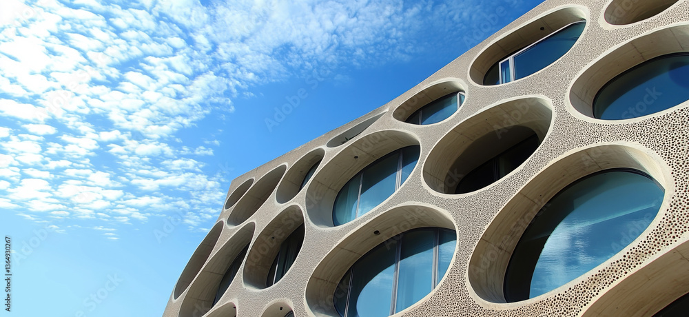 Poster modern architectural design featuring unique circular windows against a blue sky with clouds, copy s