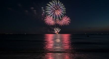 Spectacular Fireworks Display Over Calm Ocean at Night