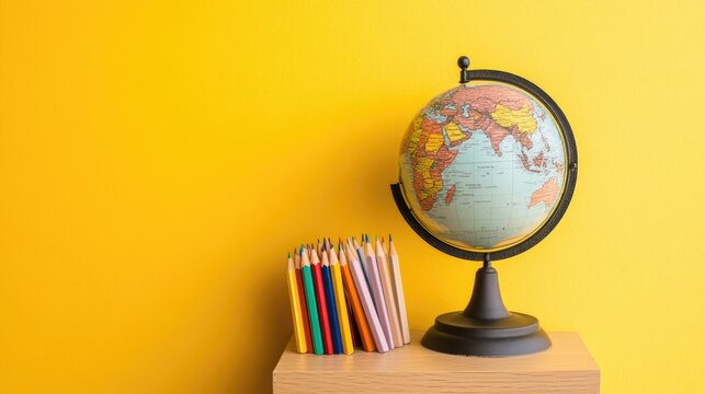A vibrant yellow background features a globe alongside colored pencils, creating an inviting atmosphere for educational activities - Powered by Adobe