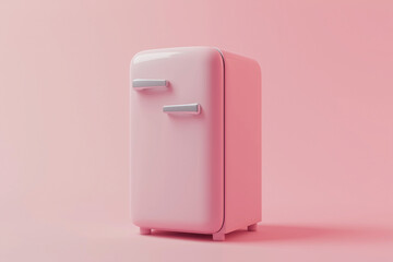 A stylized 3D retro refrigerator with pastel tones and rounded edges displayed in a minimal scene. A whimsical diorama evoking nostalgia, simplicity, and vintage household charm.
