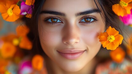 Joyful Indian Woman Portrait with Marigolds - Festive Celebration
