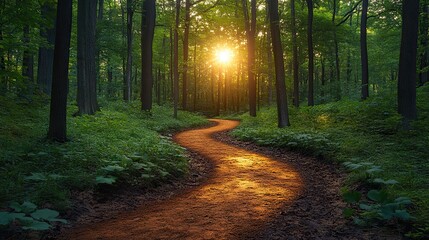 Obraz premium A serene and inviting atmosphere in springtime appears as sunlight filters through the trees, illuminating a winding dirt path meandering through a lush green forest.