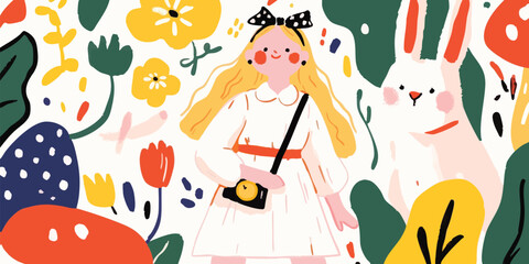 A whimsical illustration captures the enchanting world of a young girl and a curious rabbit in a vibrant floral garden.  The scene evokes a sense of wonder and curiosity.