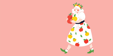 An illustrated depiction of a woman carrying apples against a light pink backdrop, evoking themes of harvest, abundance, and seasonal delight.