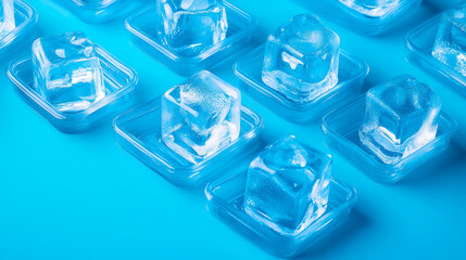 Ice cube trays set isolated on blue background. Vector cartoon illustration of frozen water mold, plastic or silicone square container for kitchen refrigerator, melting icicle pieces in liquid puddle