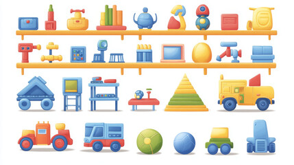 Toy store shelf and furniture cartoon vector set. Shop furniture with robot, truck ball and pyramid gift icon isolated on white background. Interior clipart collection with signboard for shopping