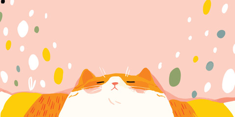An illustration of a ginger cat with a sleepy facial expression and closed eyes, depicted with a gentle and dreamy ambiance.