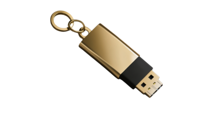 Golden USB Drive: A sleek, golden USB flash drive, capturing the essence of data storage in a photorealistic image with focus on its contemporary design and metallic finish