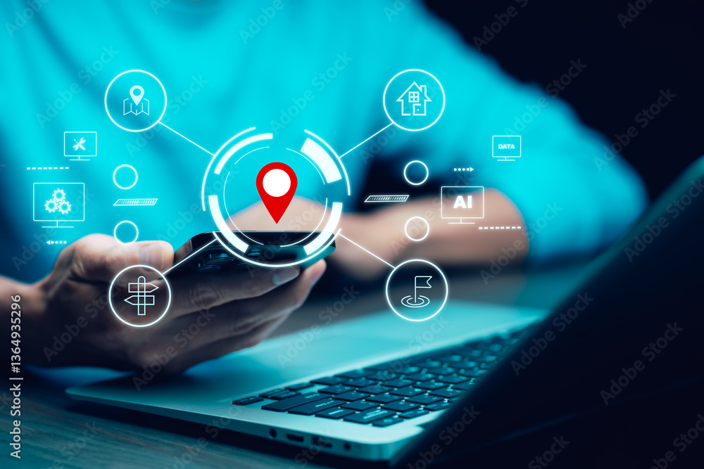Poster man using laptop with virtual world and model map with location point , gps app, icon travel maps an