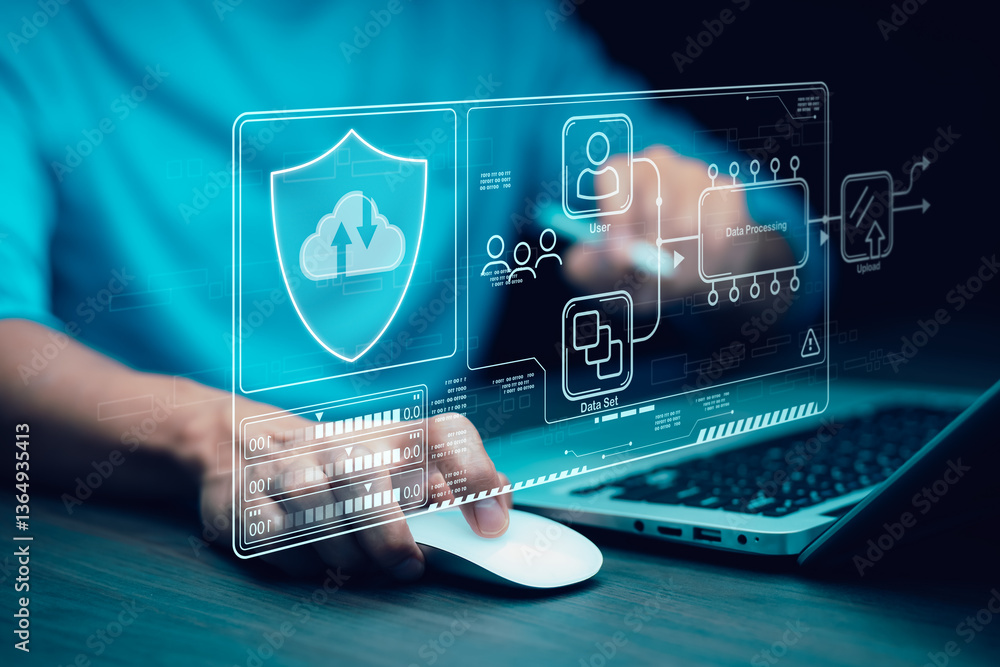 Poster cyber security and security password login online concept hands typing and entering username and pas