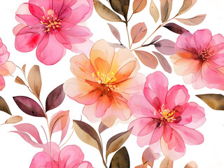 Seamless pattern with watercolor flowers . Floral Textile Design. Pink flowers on a white background