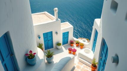 Fototapeta premium Santorini architecture features white buildings and bright blue doors