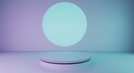 A large circular display hovers above a simple stage, casting a soft glow in a minimalist environment. The colors reflect a tranquil atmosphere, perfect for artistic presentations. 3d render