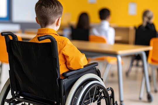 Engaged students in a colorful classroom, with a focus on inclusivity and accessibility as a student in a wheelchair learns alongside peers
