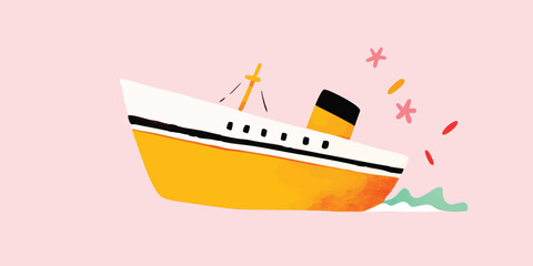 Obraz premium A whimsical illustration of a yellow cruise ship with a white cabin cutting across a gentle pink backdrop. The artwork captures a sense of voyage and leisure.