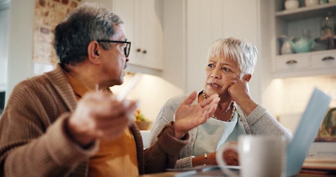 Home, old couple and problem with laptop for budget, financial crisis and discussion for bank mortgage. Senior people, woman and man with conversation for inflation cost, debt confession and bills