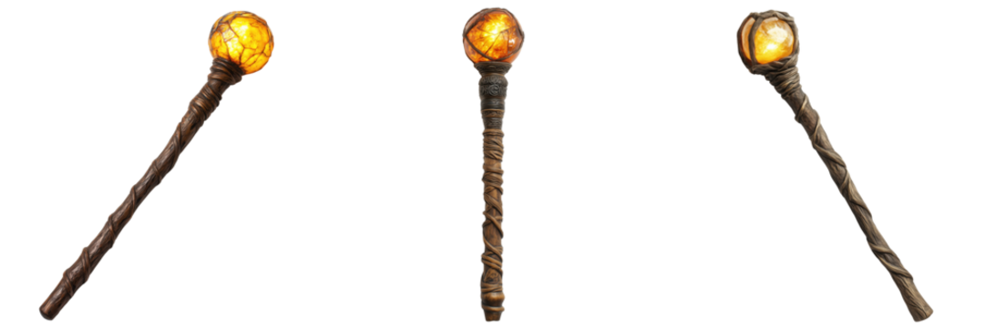 Set of Unique Magic Wands with Glowing Orbs and Intricate Designs Isolated on a Transparent Background