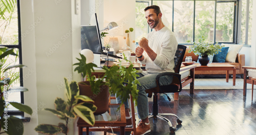 Poster man, remote work and happy at computer with fist pump, good news and positive feedback for article. 