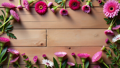 Fototapeta premium Colorful flower arrangement on wooden table, natural beauty concept