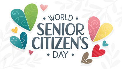 Celebrating World Senior Citizen's Day with colorful patchwork hearts and whimsical floral accents.
