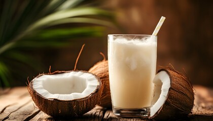 Coconut cocktail with coconut on the wooden table. 