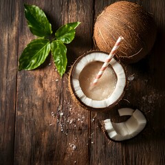 Coconut drink, coconut and mint on the wooden table. 