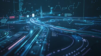 High tech visualization of business roadmap featuring futuristic pathways milestones and key objectives in a sleek data driven environment