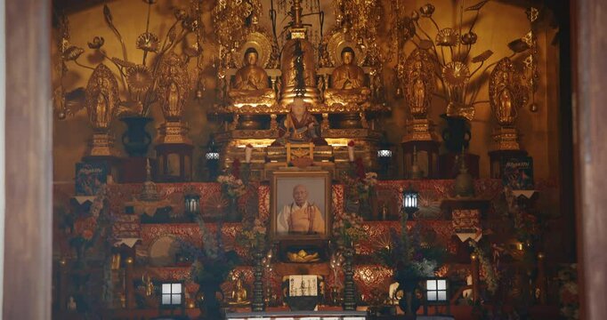 Japanese Peace Temple In Rumassala, Galle, Sri Lanka. Inside famous landmark and cultural sacred place. View of the Japanese built Buddhist Temple Peace Pagoda at Roomasala Hill overlooking the Galle