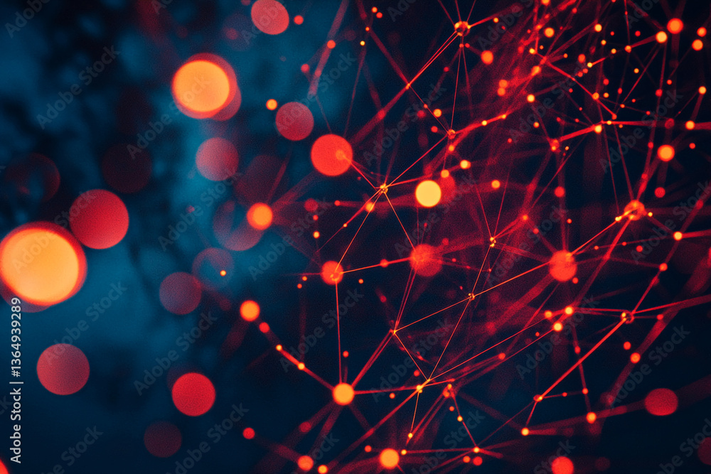 Poster abstract image of red glowing points connected by thin lines on dark blue background, creating a net