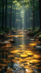 Obraz premium Sunlit Stream with Golden Pebbles in a Forest